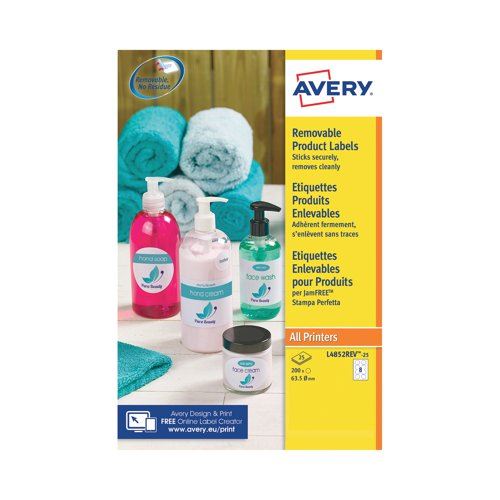 Avery Removable Labels Round 63.5mm Dia 8 Per Sheet Wht (Pack of 200) L4852REV-25