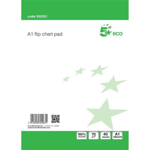 5 Star Eco Recycled Flipchart Pad Perforated 40 Sheets A1 Green&#47;White (Pack of 5)