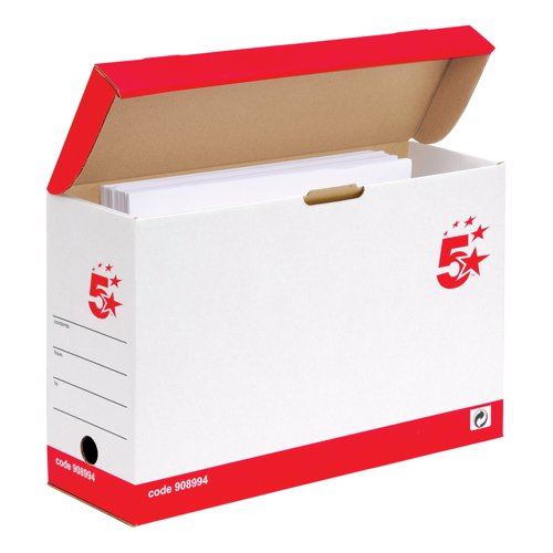 5 Star Office Transfer Case Hinged Lid Foolscap Self-Assembly 133x401x257mm Red&#47;White (Pack of 20)