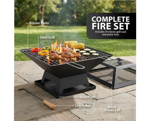 Zeno Square Fire Pit - 3 in 1 Heater/ Grill/ BBQ with Accessories