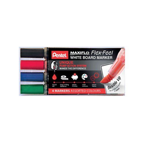 Pentel Maxiflo Flex-Feel Whiteboard Marker Assorted (Pack of 4) YMWL5SBF&#47;4-M