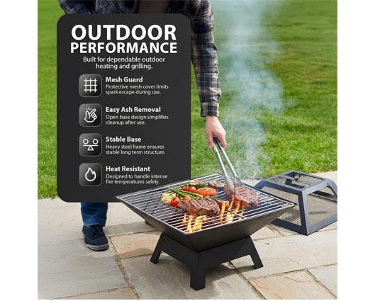 Zeno Square Fire Pit - 3 in 1 Heater/ Grill/ BBQ with Accessories