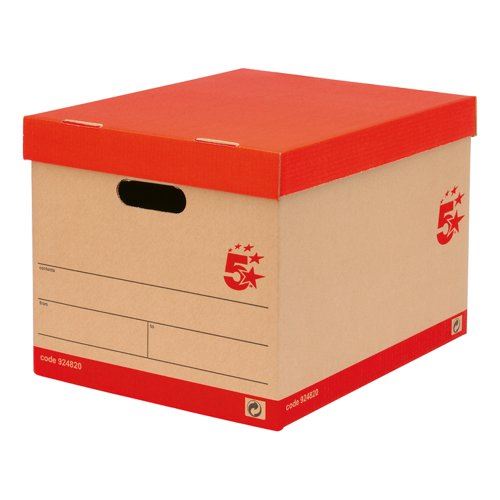 5 Star Office Storage Box with Lid Self-Assembly Kraft 321x392x291mm Red&#47;Brown (Pack of 10)