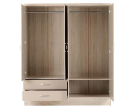 Nevada 4 Door 2 Drawer Mirrored Wardrobe - Oyster Gloss/Light Oak Effect Veneer