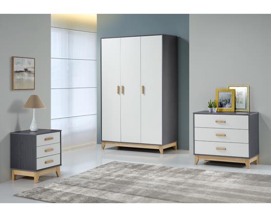 CLEVELAND 3 DRAWER BEDSIDE - WHITE/GREY METAL EFFECT
