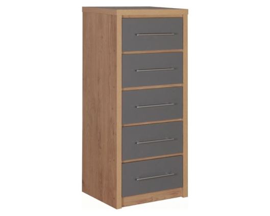 Seville 5 Drawer Narrow Chest - Grey High Gloss/Light Oak Effect Veneer