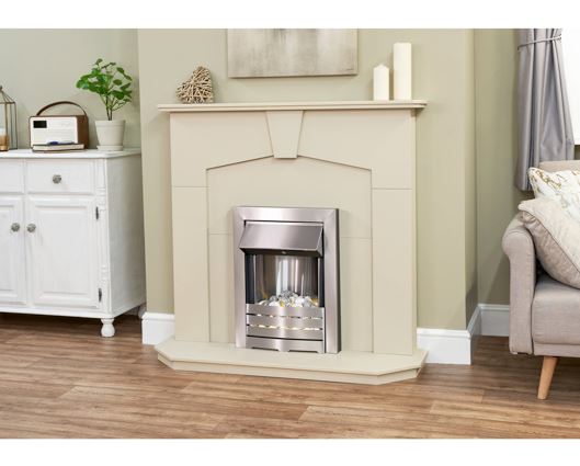 Adam Abbey Fireplace Suite in Stone Effect with Helios Electric Fire in Brushed Steel, 48 Inch