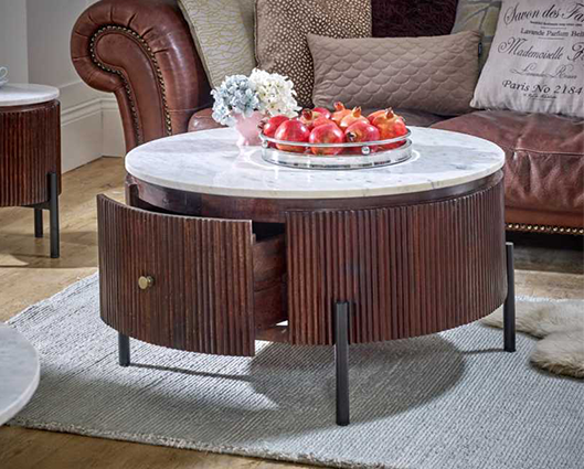 Opal Mango Wood Round Fluted Coffee Table With Marble Top & Metal Legs