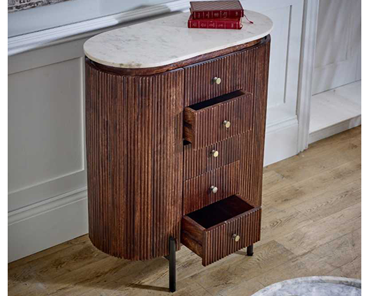 Opal Mango Wood Wide Chest Of Drawers with Marble Top & Metal Legs