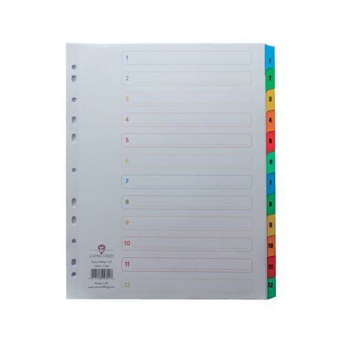 Concord Index 1-12 A4 Extra Wide Multicoloured Mylar Tabs 09801&#47;CS98