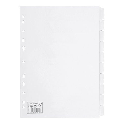 5 Star Office Subject Dividers 10-Part Recycled Card Multipunched 155gsm A4 White (Pack of 10)