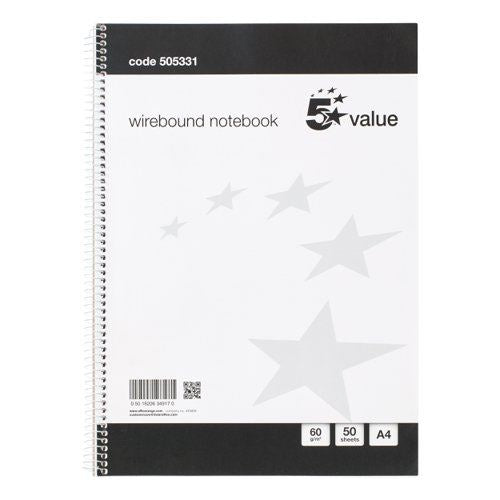 5 Star Value Wirebound Notebook 60gsm Ruled 100 Pages A4 Black&#47;White (Pack of 10)