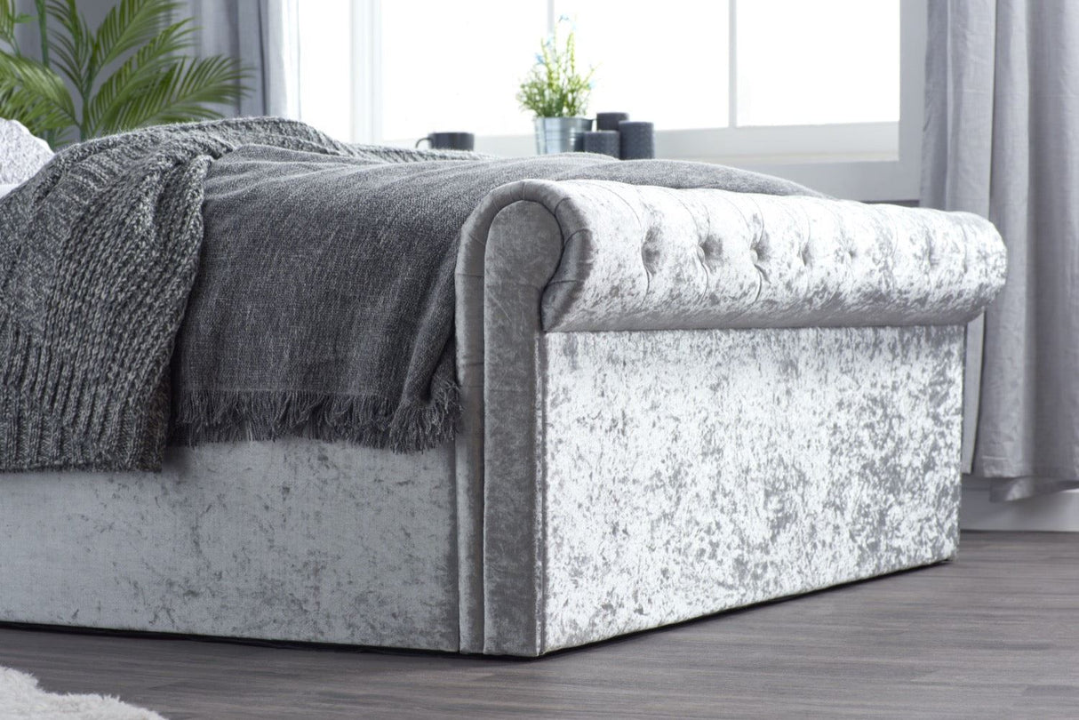 Sienna King Ottoman Bed - Steel Crushed Velvet