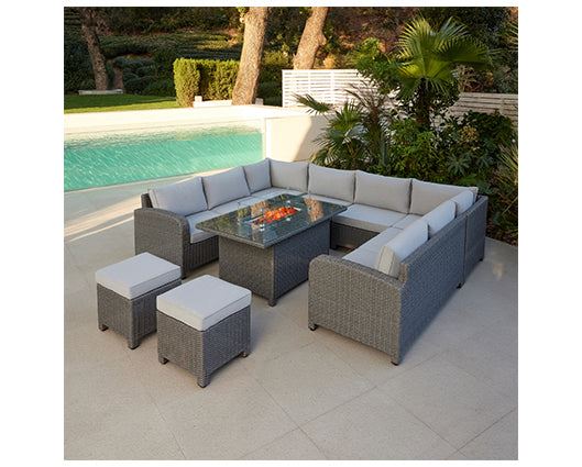 Hadley D.GreyRattan Cornr 8Seat,Firepit Table+2Stools+cover