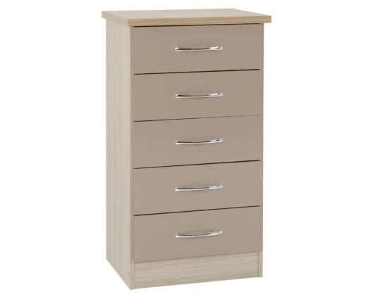 Nevada 5 Drawer Narrow Chest - Oyster Gloss/Light Oak Effect Veneer