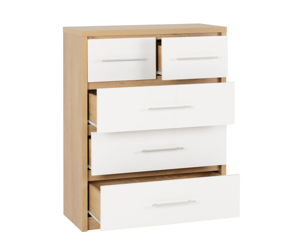 Seville 3+2 Drawer Chest - White High Gloss/Light Oak Effect Veneer