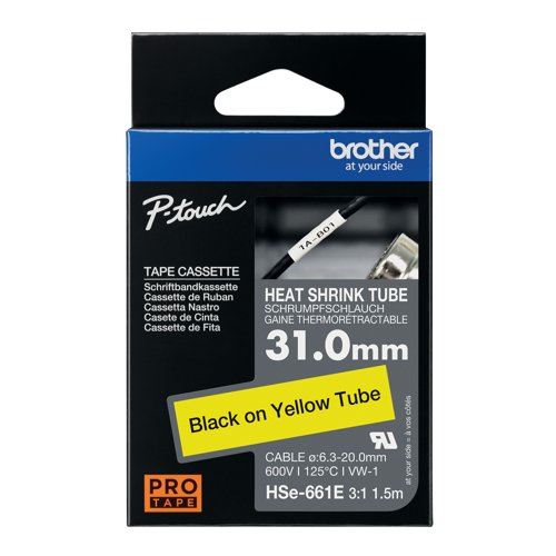 Brother Hse Heat Shrink Tube Tape Cassette 31.0mm x 1.5m Black on Yellow HSE661E