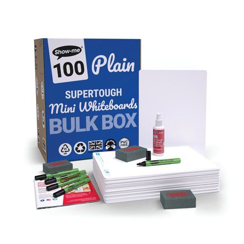 Show-me SUPERTOUGH A4 Whiteboards Plain&#47;Plain Bulk Box (100 boards pens and erasers + Free cleaners)