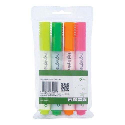 5 Star Eco Highlighter Chisel Tip 1-5mm Line Wallet Assorted (Pack of 4)