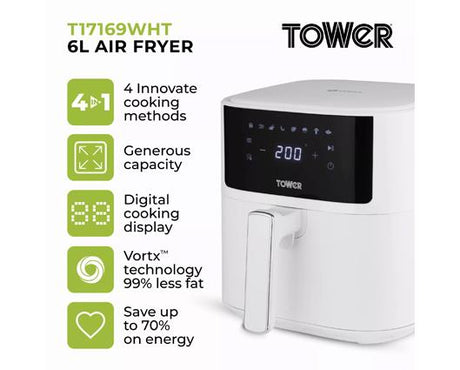 Tower 6 Litre Vortx Digital Air Fryer - White