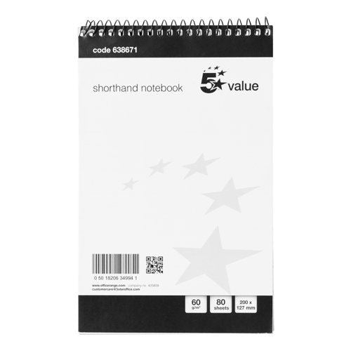 5 Star Value Shorthand Pad Wirebound 60gsm Ruled 160pp 127x200mm Black&#47;White (Pack of 10)