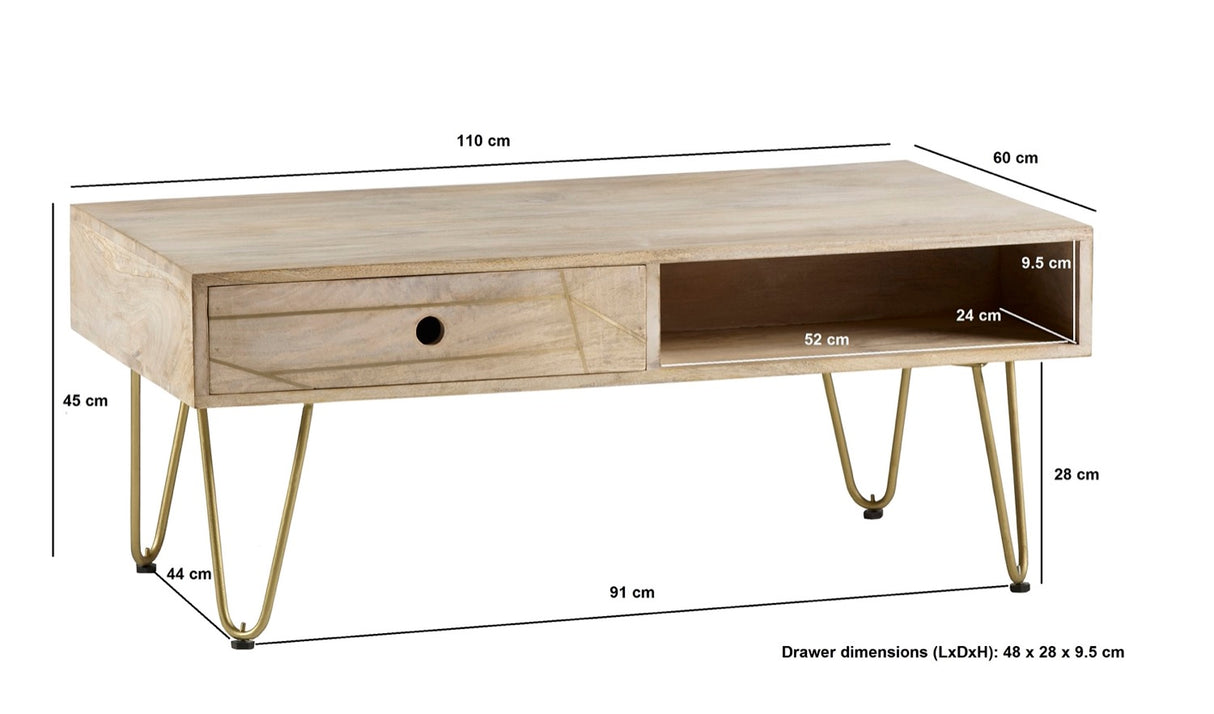 Light Gold Rectangular Coffee Table with Drawer