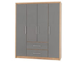 Seville 4 Door 2 Drawer Wardrobe - Grey High Gloss/Light Oak Effect Veneer