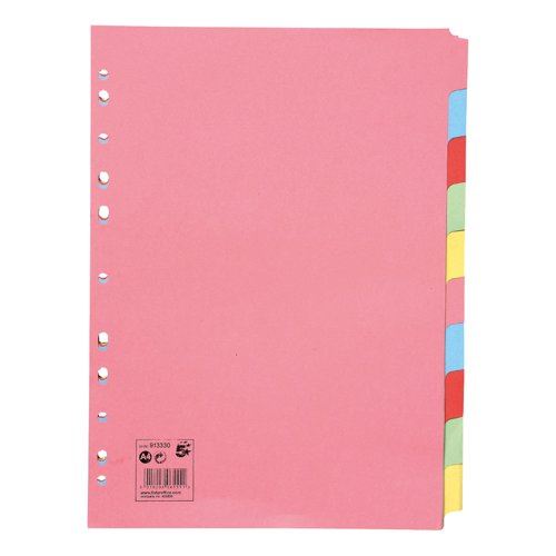 5 Star Office Subject Dividers 10-Part Recycled Card Multipunched 155gsm A4 Assorted (Pack of 25)