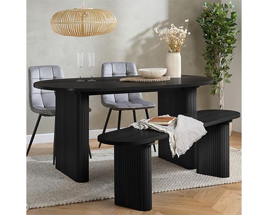 Axel Oval Fluted Dining Table with 2 Fabric Chairs and 1 Bench - Black