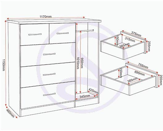 NEVADA 5 DRAWER LOW WARDROBE - BLACK GLOSS