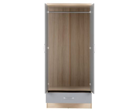 Nevada Mirrored 2 Door 1 Drawer Wardrobe - Grey Gloss/Light Oak Effect Veneer