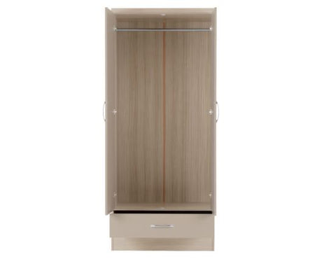Nevada 2 Door 1 Drawer Wardrobe - Oyster Gloss/Light Oak Effect Veneer