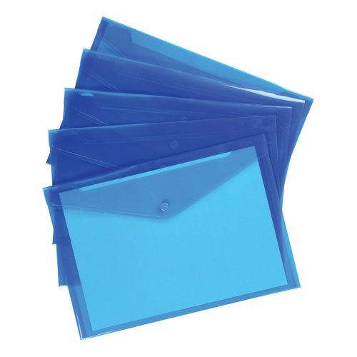 5 Star Office Envelope Stud Wallet Polypropylene A4 Translucent Blue (Pack of 5)