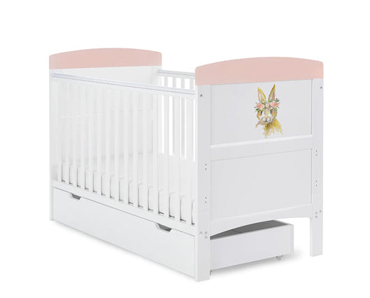 Grace Inspire Cot Bed & Under Drawer - Water Colour Rabbit Pink