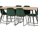 HAMILTON & LUKAS LARGE DINING SET (X6 CHAIRS) - MEDIUM OAK EFFECT/EMERALD GREEN VELVET