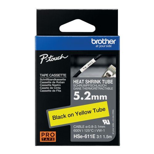 Brother HSe Heat Shrink Tube Tape Cassette 5.2mm x 1.5m Black on Yellow HSE611E