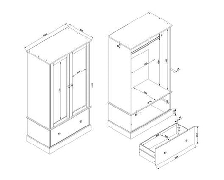 Cotswold 2 mirror door, 1 drawer wardrobe