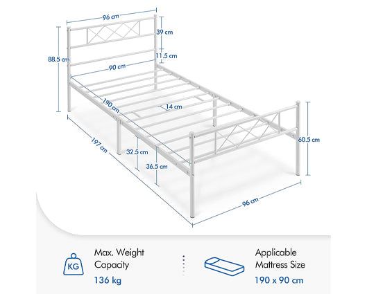 Yaheetech 3ft Single Bed, Metal Bed Frame White Cross Hatch Design