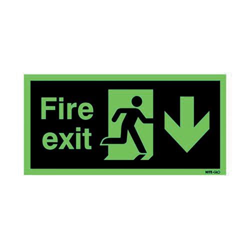 Safety Sign Niteglo Fire Exit Running Man Arrow Down Self-Adhesive 150x450mm NG28A&#47;S