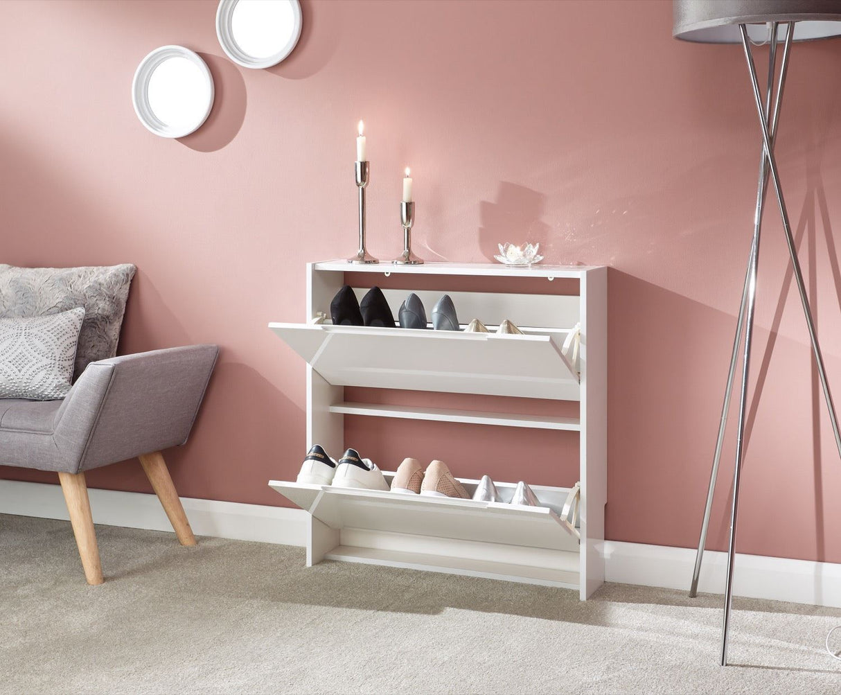 Narrow high gloss 2 tier shoe cabinet white