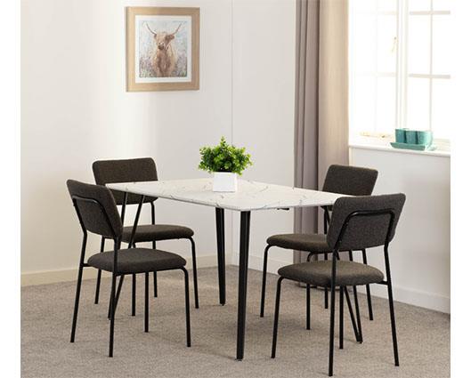 MARLOW & SHELDON DINING SET (X4 CHAIRS) - WHITE MARBLE/GREY BOUCLE FABRIC