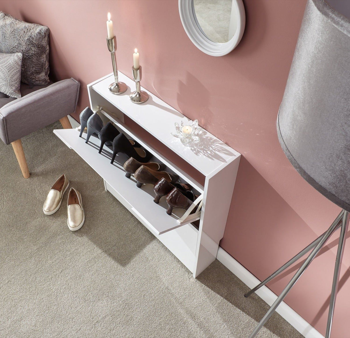 Narrow high gloss 2 tier shoe cabinet white