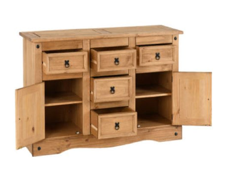 Corona 2 Door 5 Drawer Sideboard - Distressed Waxed Pine