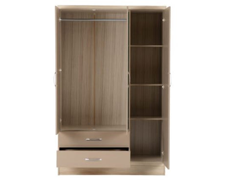 Nevada 3 Door 2 Drawer Mirrored Wardrobe - Oyster Gloss/Light Oak Effect Veneer