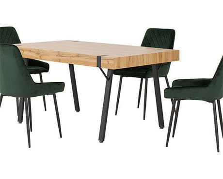 TREVISO & AVERY DINING SET (X4 CHAIRS) - LIGHT OAK EFFECT/EMERALD GREEN VELVET