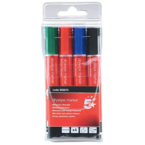 5 Star Office Drywipe Marker Xylene&#47;Toluene-free Bullet Tip 3mm Line Wallet Assorted (Pack of 4)