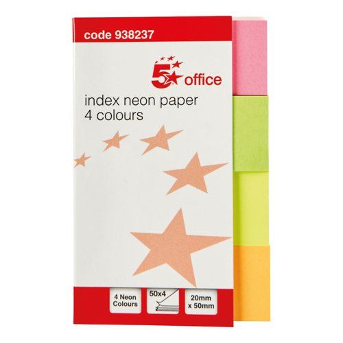 5 Star Office Index Neon Paper Page Markers 20x50mm 50 Sheets per Colour Assorted (Pack of 5)