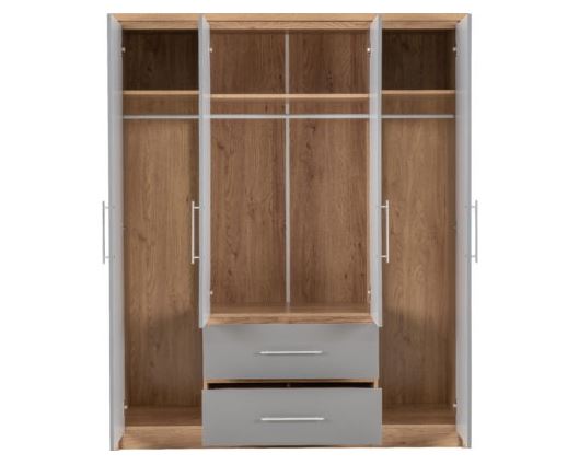 Seville 4 Door 2 Drawer Wardrobe - Grey High Gloss/Light Oak Effect Veneer