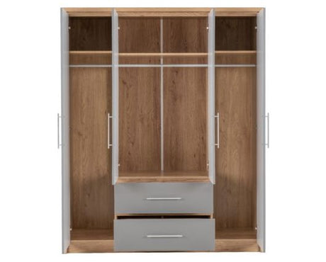 Seville 4 Door 2 Drawer Wardrobe - Grey High Gloss/Light Oak Effect Veneer