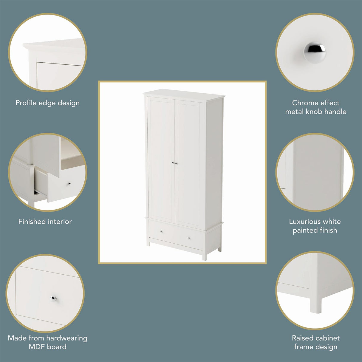 Nairn White 2 door, 1 drawer wardrobe